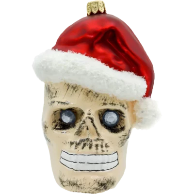 Szklana Bombka Choinkowa Figurka Czaszka Halloween w czapce Świętego Mikołaja: beżowa