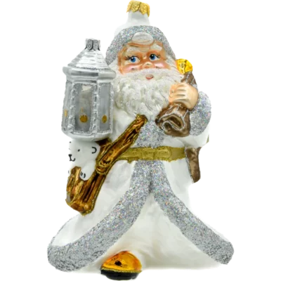 Szklana Bombka Choinkowa Figurka Święty Mikołaj z latarenką: biały