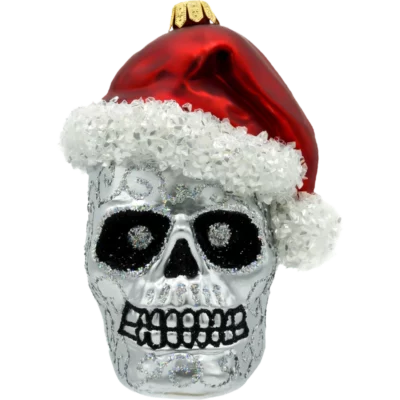 Szklana Bombka Choinkowa Figurka Czaszka Halloween w czapce Świętego Mikołaja: srebrna