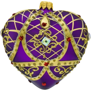 Szklana Bombka Choinkowa Figurka Serce ze złotymi zdobieniami i kryształkami: purpurowe