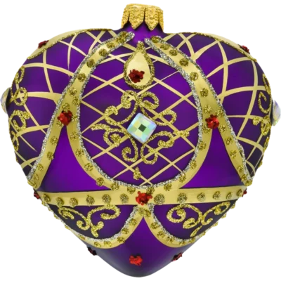 Szklana Bombka Choinkowa Figurka Serce ze złotymi zdobieniami i kryształkami: purpurowe