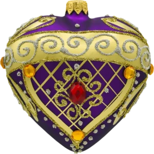 Szklana Bombka Choinkowa Figurka Serce ze złotymi zdobieniami i kamieniami: purpurowe