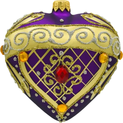 Szklana Bombka Choinkowa Figurka Serce ze złotymi zdobieniami i kamieniami: purpurowe