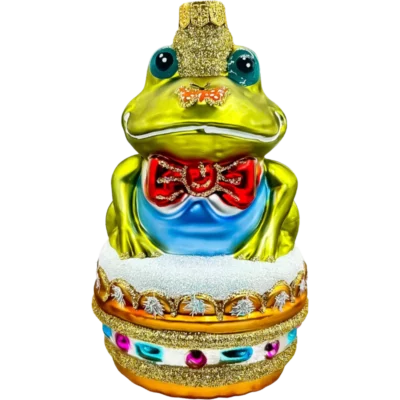 Szklana Bombka Żaba Książe z koroną i czerwoną muchą
