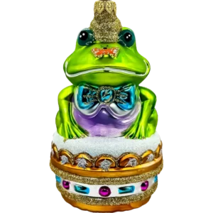 Szklana Bombka Żaba Książe z koroną i niebieską muszką
