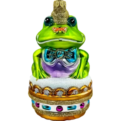 Szklana Bombka Żaba Książe z koroną i niebieską muszką