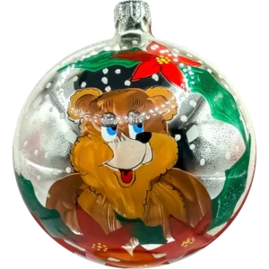 Szklana Bombka Choinkowa czerwona z misiem i świątecznymi zdobieniami