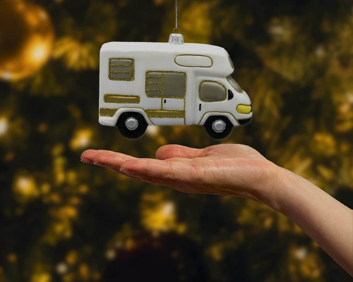 Bombka szklana figurka Samochód kempingowy kamper: biały realne zdjęcie
