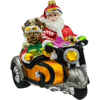 Wielki Święty Mikołaj na motocyklu z reniferem