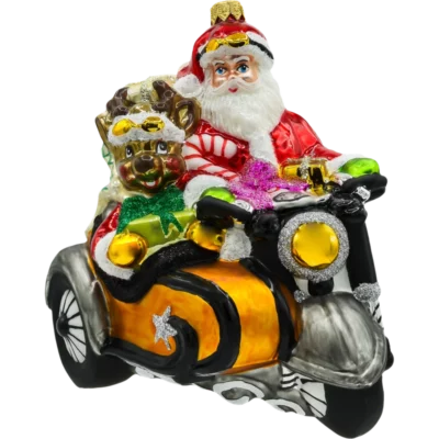 Szklana Bombka Choinkowa Figurka Wielki Święty Mikołaj na motocyklu z reniferem