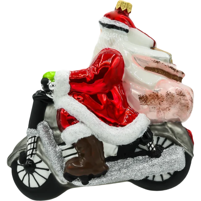 Szklana Bombka Choinkowa Figurka Wielki Święty Mikołaj na motocyklu z reniferem profil