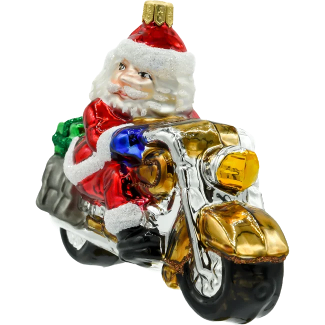 Szklana Bombka Choinkowa Figurka Wielki Święty Mikołaj na motocyklu