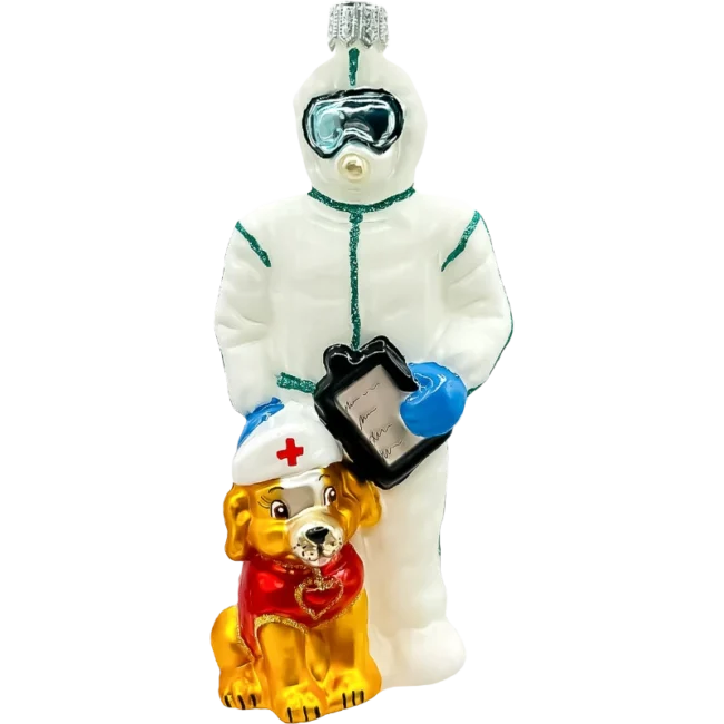 Szklana Bombka Choinkowa Ratownik w kombinezonie ochronnym z psem ratowniczym