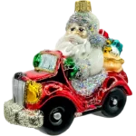 Szklana Bombka Choinkowa Świty Mikołaj w czerwonym aucie z prezentami