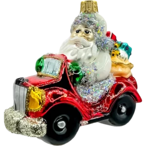 Szklana Bombka Choinkowa Świty Mikołaj w czerwonym aucie z prezentami
