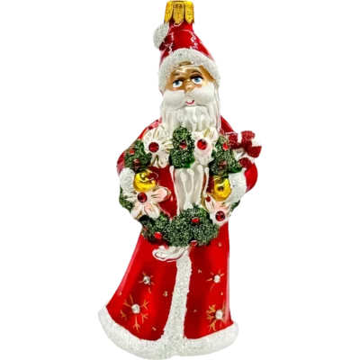 Szklana Bombka Choinkowa Święty Mikołaj z wieńcem świątecznym