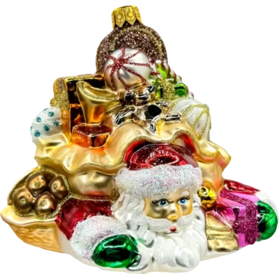 Szklana Bombka Choinkowa Święty Mikołaj zgnieciony workiem prezentów