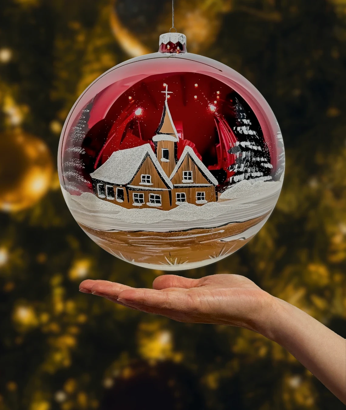 Szklana okrągła Bombka Duża Zimowy kościółek: czerwony realne zdjęcie