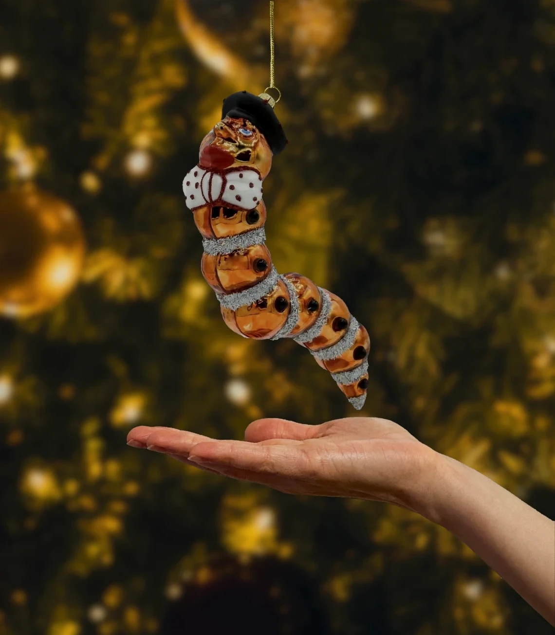 Bombka szklana figurka Gąsienica z Kapeluszem realne zdjęcie