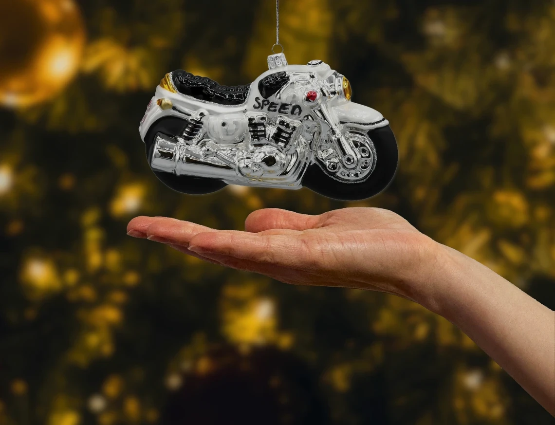 Bombka szklana figurka Motocykl: biały realne zdjęcie