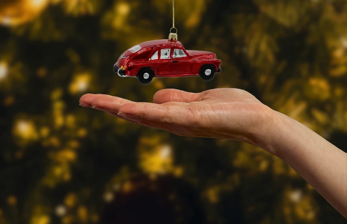 Bombka szklana Syn Bombkarza Retro Auto w czerwieni realne zdjęcie