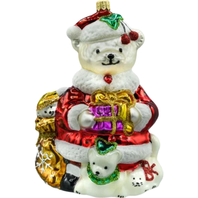 Bombka szklana figurka Mikołajowy Miś z Prezentami