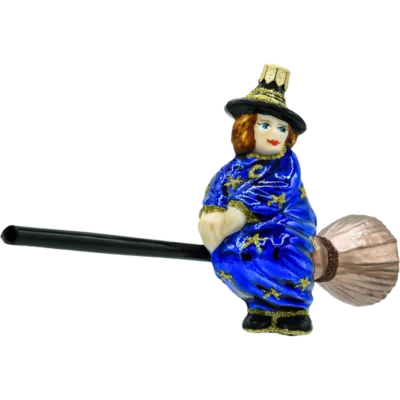 Szklana bombka figurka Niebieska Czarownica na Miotle