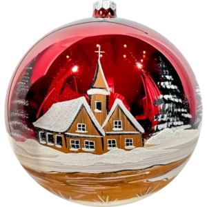 Szklana Bombka Choinkowa Czerwona Duża Zimowy Kościół: przód