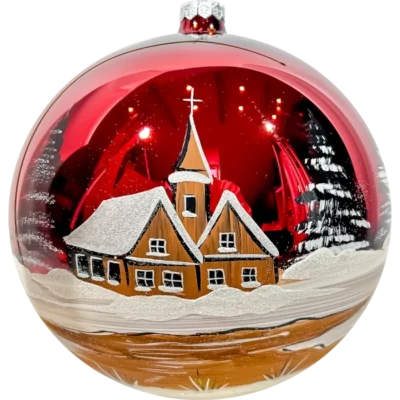 Szklana Bombka Choinkowa Czerwona Duża Zimowy Kościół: przód