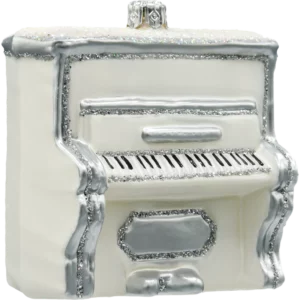 Szklana Bombka Choinkowa Figurka Pianino w bieli ze srebrnymi zdobieniami bok