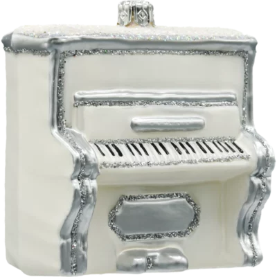 Szklana Bombka Choinkowa Figurka Pianino w bieli ze srebrnymi zdobieniami bok