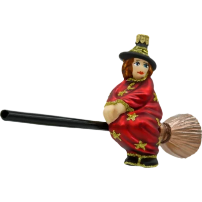 Szklana Bombka Choinkowa Figurka Czerwona Czarownica na Miotle