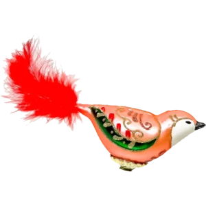 Szklana Bombka Choinkowa Kolorowy Ptaszek z czerwonym piórkiem