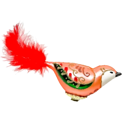 Szklana Bombka Choinkowa Kolorowy Ptaszek z czerwonym piórkiem