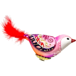 Szklana Bombka Choinkowa Różowy Ptaszek z piórkiem