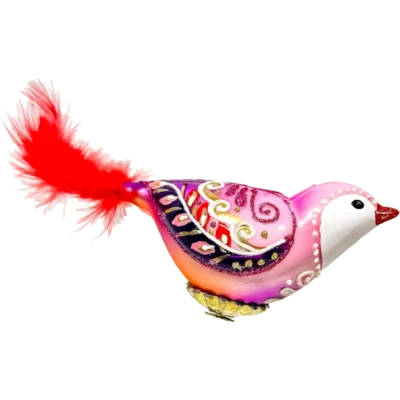 Szklana Bombka Choinkowa Różowy Ptaszek z piórkiem