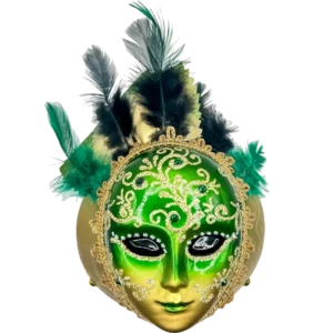 Szklana Bombka Choinkowa Zielona Wenecka Maska z Piórami