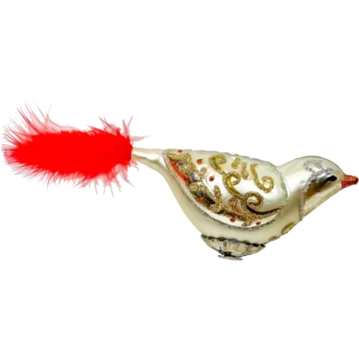 Szklana Bombka Choinkowa Złoty Ptaszek z czerwonym piórkiem