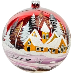 Szklana Duża Bombka Choinkowa zimowa chata w lesie: czerwona przod