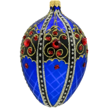 Ekskluzywne jajo Faberge z czarnym ornamentem: niebieskie