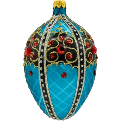 Szklana Bombka Choinkowa Ekskluzywne jajo Faberge z czarnym ornamentem: turkusowe bok