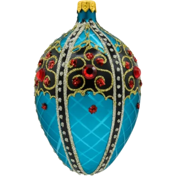 Ekskluzywne jajo Faberge z czarnym ornamentem: turkusowe