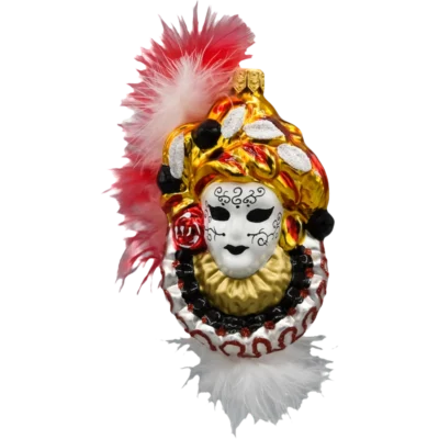 Szklana Bombka Choinkowa Figurka Maska Karnawałowa z piórami czerwona
