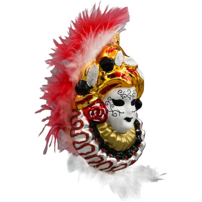 Szklana Bombka Choinkowa Figurka Maska Karnawałowa z piórami czerwona bok