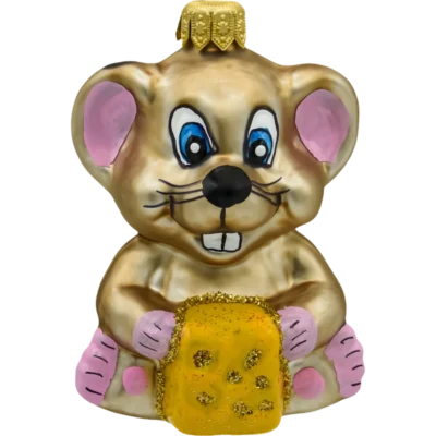 Szklana Bombka Choinkowa Mysz z kawałkiem sera: brązowa