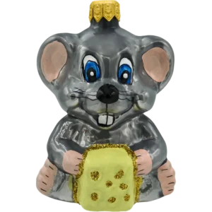 Szklana Bombka Choinkowa Mysz z kawałkiem sera: szara
