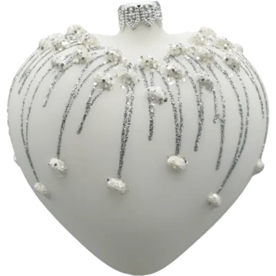 Szklana Bombka Choinkowa Figurka Serce matowe z brokatem: białe