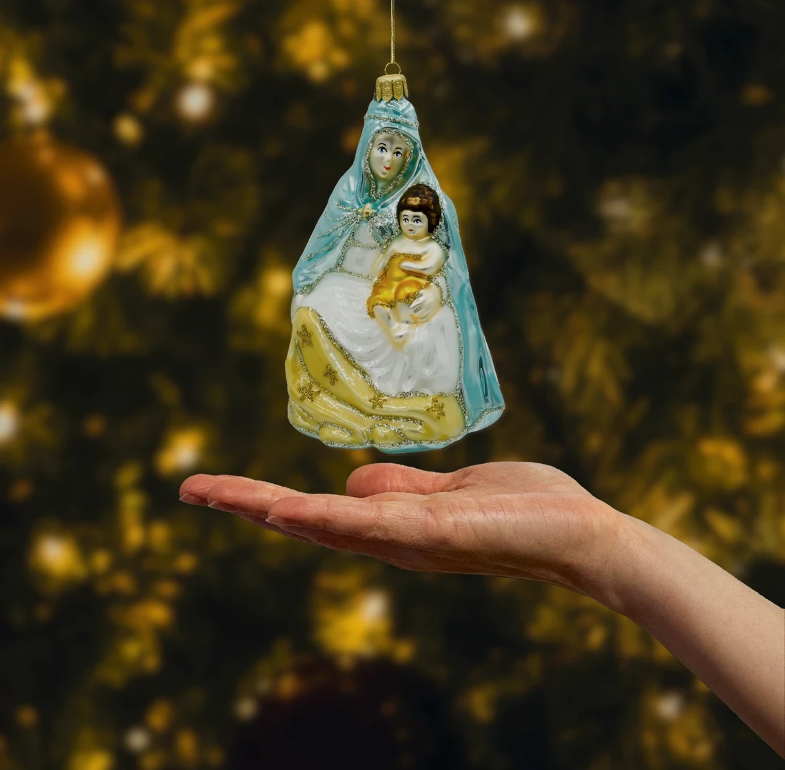 Bombka szklana figurka Matka Boska z Dzieciątkiem: niebieska realne zdjęcie