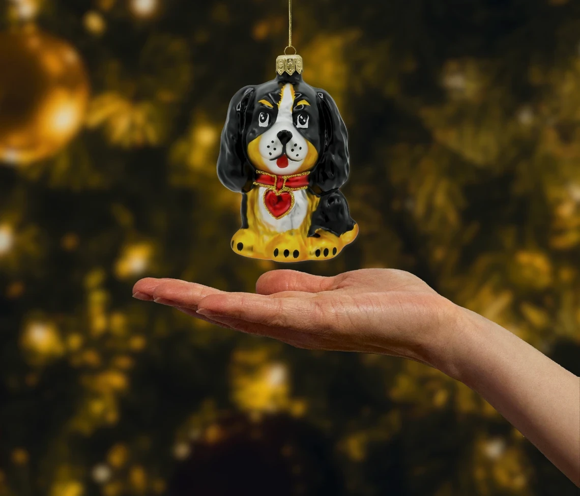 Bombka szklana figurka Berneńczyk z czerwoną kokardką realne zdjęcie