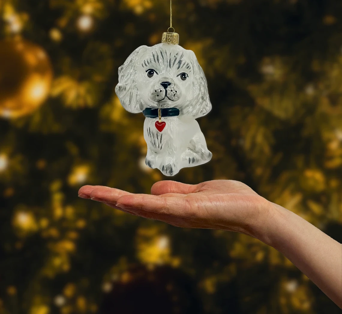 Bombka szklana figurka Biały Piesek realne zdjęcie